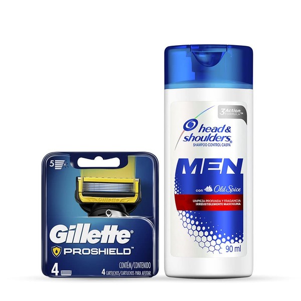 Gillette Fusion Cartuchos para Maquina de Afeitar Pro Shield, 4 Unidades + Head & Shoulders Old Spice Shampoo Control Caspa de 90 ml