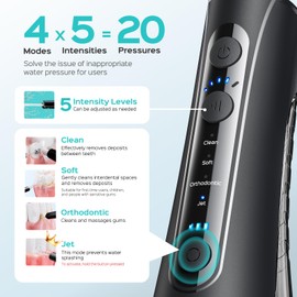 COSLUS Water Flosser for Teeth Cordless: 4 Modes & 20 Levels - Portable Irrigador Dental for Health - Conscious Sensitive Users Gums - Travel Home Use with 4 Jet Tips