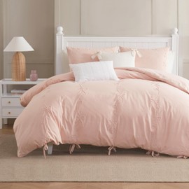 Peri Home Bow Bedding Duvet Cover Cottage Core Vintage Country 100% Cotton 3-Piece Set, Full/Queen, Blush Sasha Bows