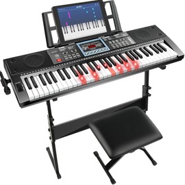 VEIYOUMO Keyboard Piano 61 Keys for Beginners with Stand Bench, Lighted Keys, Teaching Modes, LED Screen, 70 Demos, 200 Tones/Rhythms, Pitch Bend, Metronome, Sustain, Transpose, Built-In Speakers