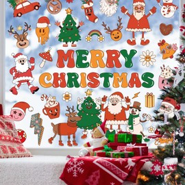 JarThenaAMCS 9 Sheets Merry Christmas Window Cling Stickers Cartoon Xmas Tree Santa Window Decals Retro Groovy Reusable Window Decoration for Party Home Office Classroom
