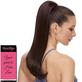 Pure Ponytail Color 99J - Sepia Wigs 20" Long Layered Wavy Heat Friendly Synthetic African American Pony Drawstring Hair Piece Ariana Cola de Caballo Bundle MaxWigs Hairloss Booklet