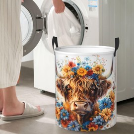 Highland Cow Laundry Basket Colorful Daisy Hamper Clothes Storage Bucket Animal Flower Foldable Waterproof Oxford Cloth Funny Tote Bag Plants Floral Dirty Clothe Organizer Bin For Bathroom Bedroom