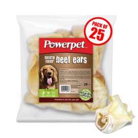 Powerpet Beef Ears for Dogs - Premium Quality Treats, Low Fat, High Protein, Long-Lasting Chews - Easy Digestion- Healthy & Clean Teeth & Gums - for All Breed Size- 100% Natural Cow Flavor, Pack of 25
