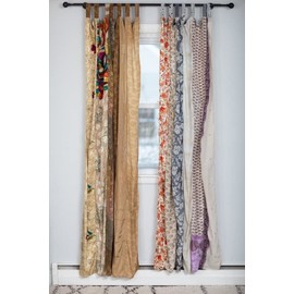 YILLE Boho Silk Sari Curtain Panel,1 Piece Vintage Handmade Lightweight Recycled Indian Silk Saree Window Drapes for Bohemian Living Room, Aesthetic Home Décor Wall Hanging - White, 84 X 43 in