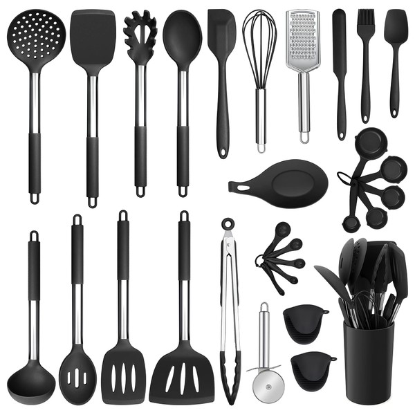 Silicone Kitchen Utensils Set, E-far 30-Piece Cooking Utensils Set with Holder, Heat Resistant Kitchen Spatulas Turner Tong Spoon Whisk Ladle for Nonstick Cookware, Stainless Steel Handle (Black)