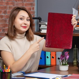 Zipper Binder Portfolio for Women,3-Ring Binder with Zipper,PU Leather Padfolio Folder,A4 Planner with Laptop Pocket,Thin Leather Professional, Vintage Red Embossed.