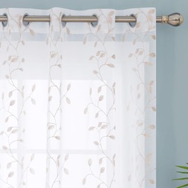 Deconovo Eyelet Faux Linen Net Curtains Embroidery Leaves Voile Curtains Super Soft Semi Sheer Curtains 55 x 54 Drop Inch Linen 1 Pair