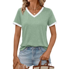 AUTOMET Womens Summer Tops Short Sleeve T-Shirts Spring Fashion Clothes Casual Soft Tunic V Neck Basic Tees Workout Outfits 2025 Green L