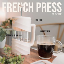 ANGORA BRANDS French Press Coffee Maker - 34 oz French Coffee Press - Brew Rich Coffee and Tea Anywhere - Portable Coffee Maker for Kitchen, Travel, and Camping - French Press by Yunie (White)