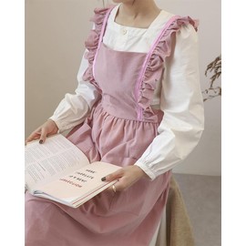Cute Cotton Cross Back Aprons Home Kitchen Garden Art Painting Female Pinafore Florist Shop Overalls (Pink, 32Wx 34L)