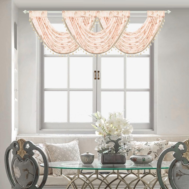 VOGOL Pink Rose Waterfall Window Valance, Rod Pocket, 30 x