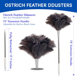 Madrigal 72" Extendable Feather Duster with 2 Replacement Heads, Eco-Friendly Ostrich Feather Duster Long Handle, Washable Dusters for Cleaning with Ergonomic Handle for High Places & Ceiling Fans