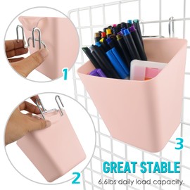 Large Grid Wall Bins - 6Pack Pink Gridwall Accessories Hanging Cups with Back Hooks - Plastic Grid Wall Panels Organizers Wire Shelves Holders for Garage Garden Craft Office Tools Storage