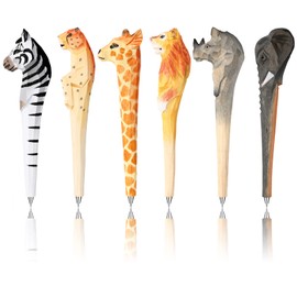6 Pcs Wood Carved Animal Pen Back to School Gift Wooden Animal Pens Set Lion Leopard Giraffe Elephant Rhino Novelty Fun Pen Giraffe Office Supplies Writing Pen Cute Stationery