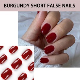 Burgundy Short False Nails - 24pcs Stick-On & Removable Press-Ons with Glue - Fake Nails for Women & Girls - Nail Art Accessories