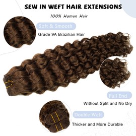Sew in Hair Extensions Real Human Hair, Hand Tied Human Hair Weft Extensions 16 Inch Chocolate Brown Double Weft Full Head Curly Human Hair Weaves Bundles 100G Hair Weft Weave Hair Extensions