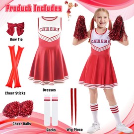 XLZJYIJ Cheerleader Costume Children's Dress, Children's Cheer Outfit with Pompoms, Socks and Headpiece, Cheerleading Outfit Girls, Girl Red Cheerleader Costume, Fancy Dress Costumes Children's