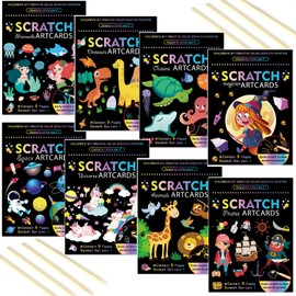 Fovorica 4/8 Pack Different Themed Magic Drawing Scratch Arts Papers for Kids with Wooden Stylus, Colorful Scratch Notepads in 7.5x5.5 inch Great Gift for Boys and Girls (9Page/Each)