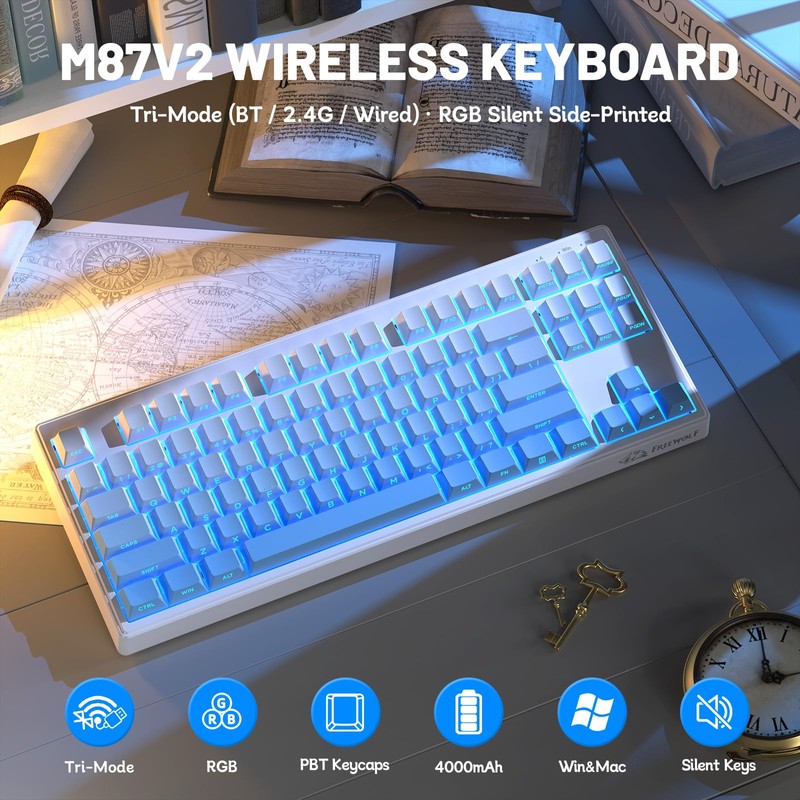 Free wolf M87 V2 87 Keys Membrane Gaming Wireless Keyboard,80%