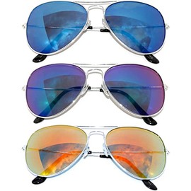 Aviator Sunglasses Metal Frame Silver Color with Mirror Lens 2Blue, 1Red
