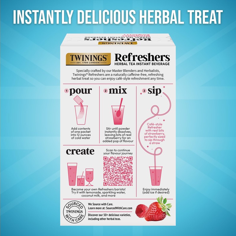 NEW Twinings Strawberry Raspberry Refreshers, Herbal Tea Instant Beverage with