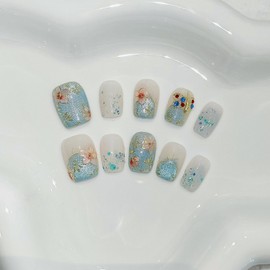 TENPAL Hand-Painted Cloisonne Press on Nails 10Pcs Kit,Short Squoval Blue Porcelain Gradient Fake Nails,Cat Eye Glitter Oriental Bloom False Nails,Chinese Classical Art Glue on Nails for Women(M)