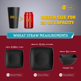 Teivio 40-piece Wheat Straw Square Dinnerware Set for 10, Unbreakable Dinner Plates, Salad Plates, Snack Bowls, Tumblers 20 oz, Dishwasher Safe, Black