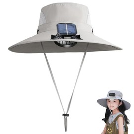 Little Bean Kids Solar Fan Wide Brim Summer Hat,Solars & USB Charging for Kids,with Fans UV Protective Swim Beach Hat Toddler Adjustable Chin Strap Cap 2-8 Years(Grey)