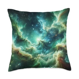 Cosmic Swirl Nebula - Mystical Green Clouds and Stars Throw Pillow