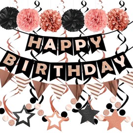 Buygain Birthday Decorations, Happy Birthday Banner with Honeycomb Balls, Stars Hanging Swirl Streamers, Buntings Circle Dots Garland, Party Decorations for Women Men Boys Girls (Rose Gold & Black)