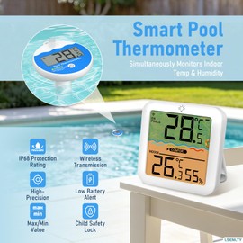 LSENLTY Wireless Pool Thermometer, IP68 Waterproof&328ft Remote Digital Pool Thermometer Floating Easy Read, Indoor Humidity&Temperature Monitor,Water Temperature Monitor for Swimming Pool Spa Hot Tub