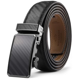 Marino Men’s Genuine Leather Ratchet Dress Belt With Automatic Buckle, Enclosed in an Elegant Gift Box - Select Striped - Deep Charcoal - Adjustable from 48" to 64" Waist