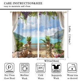 Tropical Natural Scenery Curtains, Vacation Theme Vintage Medieval Lush Floral Decor Exotic Seaside Castle Balcony, Blackout Rod Pocket Window Treatments for Living Room Bedroom (21x45in) x2 Panels