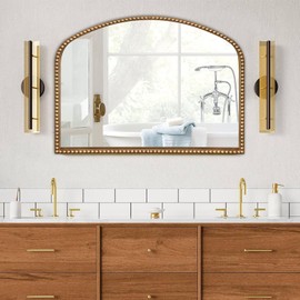 BAODANFU Vanity Mirror for Bedroom, 35" x 28" Large Arch Vintage Gold Wall Mirror, Beaded Frame Decorative Accent Mirrors for Washroom, Living Room, Entryway, Bathroom, Fireplace