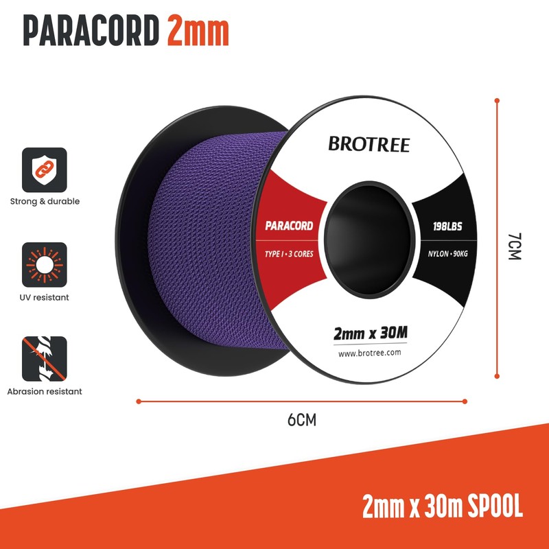 Brotree 2mm Paracord 3 Strands 30M 100% Nylon Rope Parachute