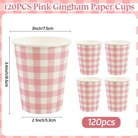 120Pcs Light Pink and White Gingham Paper Cups - 9oz Disposable Plaid Cups Checkered Drinking Cups for Birthday Baby Shower Fiesta Picnic Party Supplies
