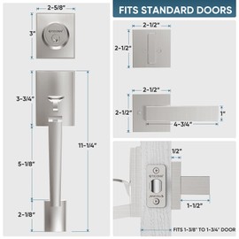 TICONN Double Front Door Handle Set, Heavy Duty Square Door Lever and Single Cylinder Deadbolt Combo for Side by Side Entrance Exterior Doors (Satin Nickel)