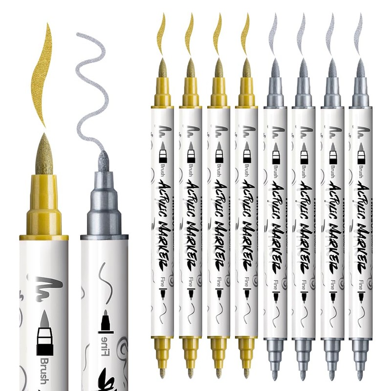 TRANSON 4 Gold and 4 Silver Paint Markers Brush and