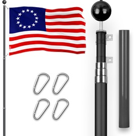 G128 Combo Pack: 16 Ft Telescoping Aluminum Flagpole (Black) & Betsy Ross Flag 3x5 Ft, ToughWeave Series Embroidered 300D Polyester | Pole with Flag Included