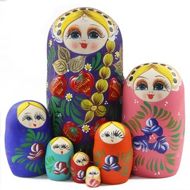 Set of 7 Colorful Long Braids Girl Strawberry Wooden Russian Nesting Doll,Cute Girl Flower Traditional Babushka Matryoshka Doll Stacking Toy for Kid Christmas Birthday Gift Party Home Decoration