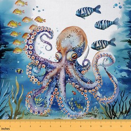 Erosebridal Octopus Upholstery Fabric,Ombre Purple Octopus Decorative Fabric,Sealife Ocean Animal Outdoor Fabric,Watercolor Style Quilt Fabric,Coastal Sealife Fabric for Kids Teens Adult,1 Yard,Blue