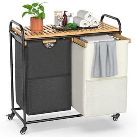 BAMBOOHOMIE Laundry Hampers 2 Section, Laundry Sorter with Removable Shelf and Pull-Out Bags, Clothes Hampers with Wheels Rolling Cart Basket for Laundry Room Bathroom, 2 x 50 L (Black White)