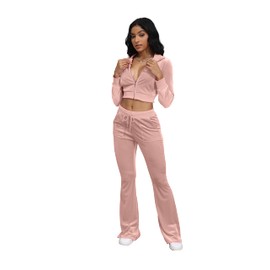Wryran Velour Tracksuits Womens 2 Piece Lounge Outfits Zip Up Cropped Jacket Velvet Track Suits Y2K Sweatshirt and Flared Sweatpants with Pockets Pink XL