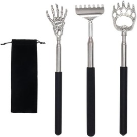 Xpudding Back Scratcher Set, 3 Pack Stainless Steel Telescoping Scratchers with Bear Claw, Skeleton Hand, Paw Design, Black Handle with Storage Pouch