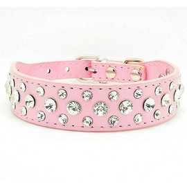 haoyueer PU Leather Rhinestone Dog Collar for Dogs Cats Puppy S M L XL (S, Pink)