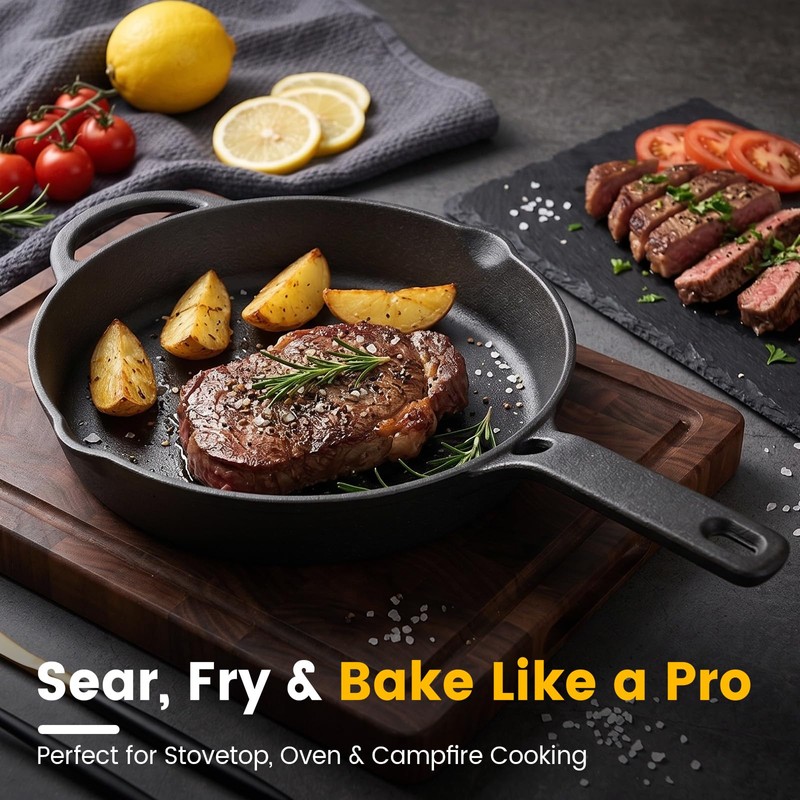 10 Inch Cast Iron Skillet, Pre-Seasoned Frying Pan with Dual