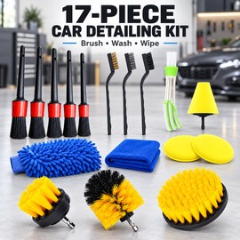 Car Detailing Kit, 17-Piece Car Cleaning Set with Drill Brush Attachments, Detail Brushes, Vent Cleaner, Wash Mitt, Towel and Sponge Pads