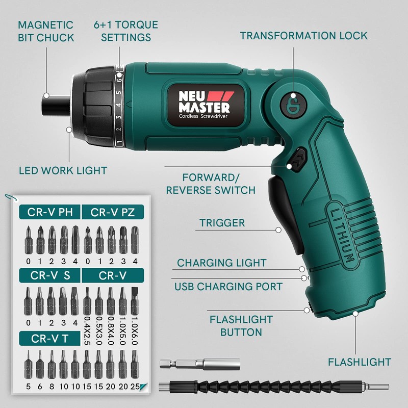NEU MASTER Cordless Screwdriver, 4V Electric Screwdriver Rechargeable Power Screwdriver