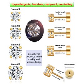 4Pairs Flatback Studs Earrings Set for Women Men,20G Hypoallergenic Gold-Plated Stainless Steel Studs Earrings 3-4-5-6mm Cubic Zirconia Simulated Diamond Round CZ Cartilage Earrings for Sensitive Ears